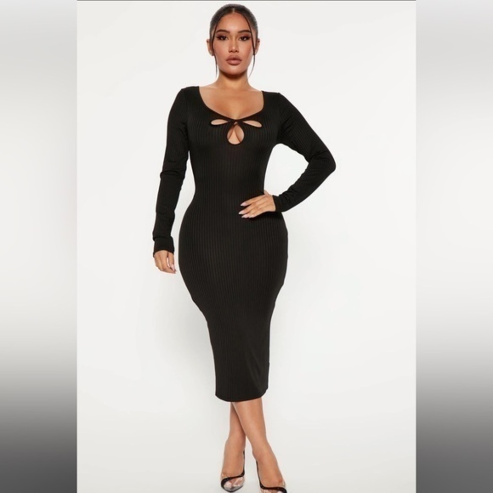 Heart & Hips Julie‎ Ribbed Midi Dress - Black Size Small